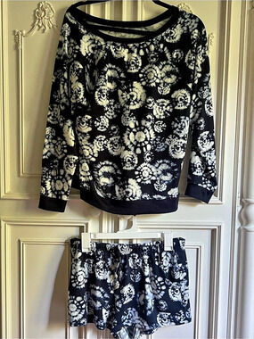 BRAND NEW Nicole Miller LS Pullover Short Pajama Loungewear Set Navy Swirl Sz XL